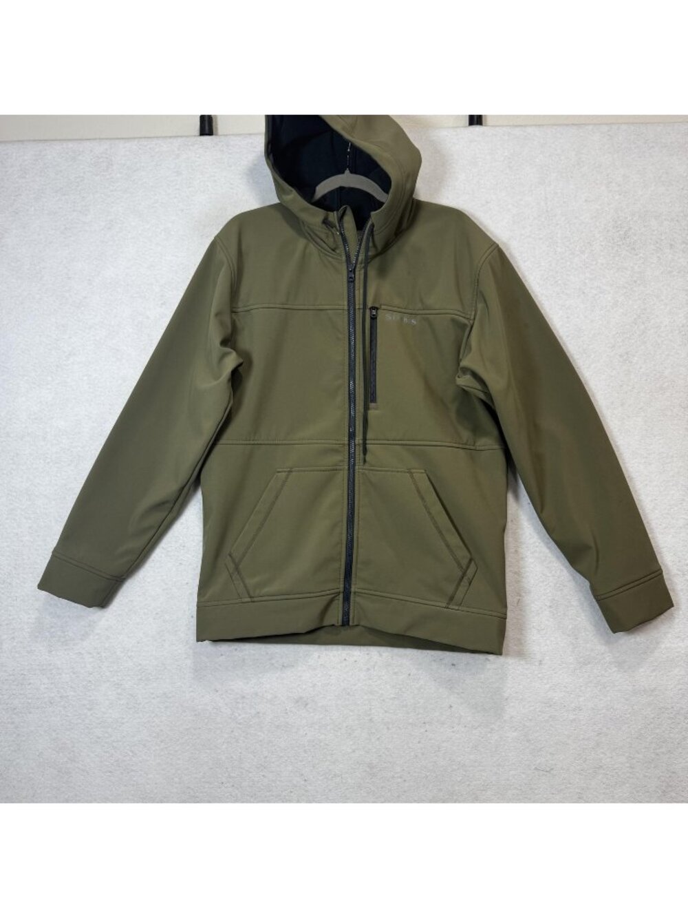 Simms Jacket Mens Medium Green Softshell Fleece Lined Hooded Zip Pockets Fishing